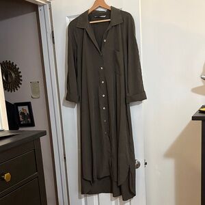 Zara Lyocell Olive Green Button-Up Midi Shirt Dress